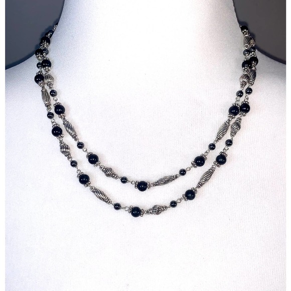 Napier Jewelry - Napier Silver Black Beaded Double Strand Statement Necklace EUC